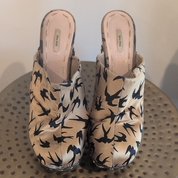 Miu Miu Black and Cream Bird Pattern Mules